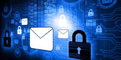 Encrypted email icons with digital locks and binary code representing secure communication.