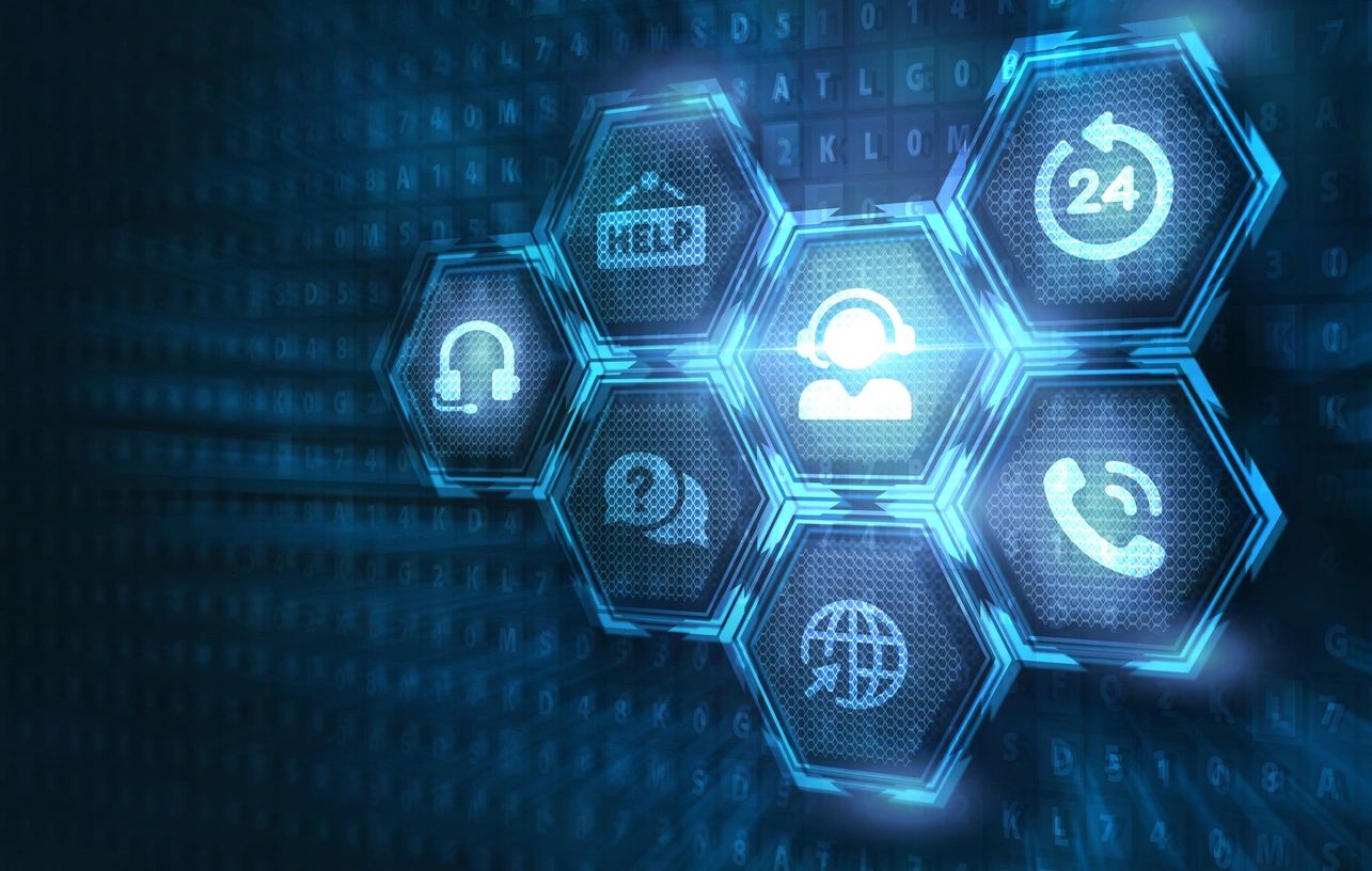 Digital icons showing IT support, cybersecurity, and communication for SMB technology solutions.