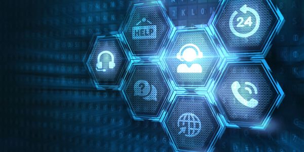 Digital hexagonal icons representing 24/7 customer support and communication services.