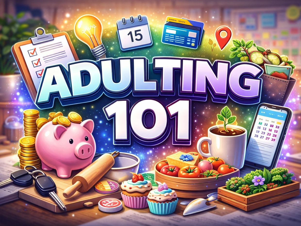 Colorful illustration of adulting essentials like money, food, and organization under 'Adulting 101' title.