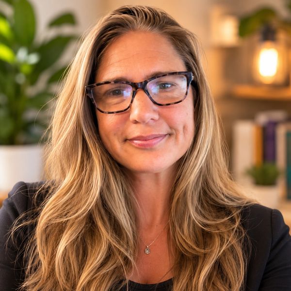 Smiling woman with long blonde hair and glasses in a cozy indoor setting.