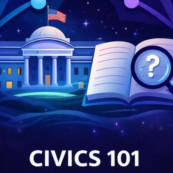 Illustration of the White House and a book with a magnifying glass, titled 'Civics 101'.