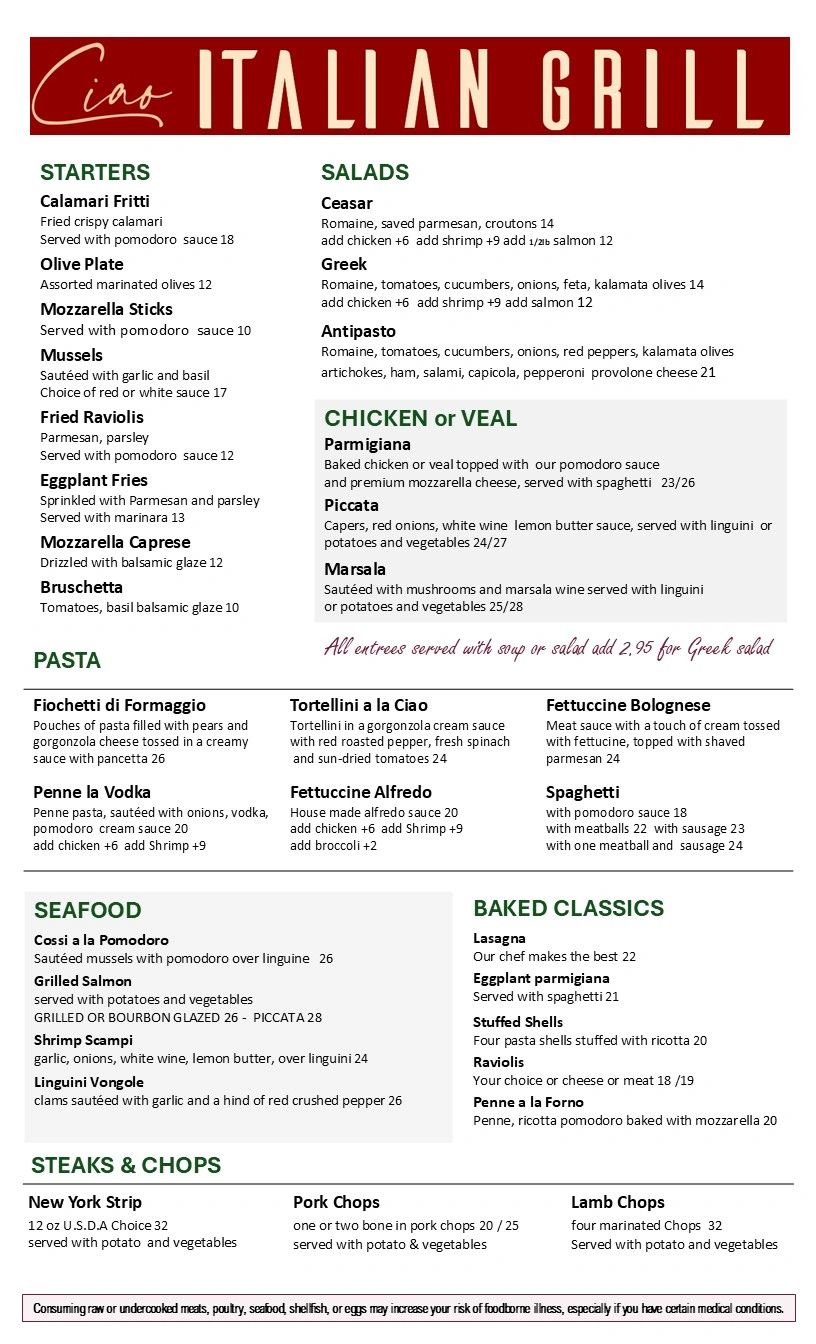 Menu from Ciao Italian Grill with starters, salads, chicken, pasta, seafood, baked classics, and steaks.