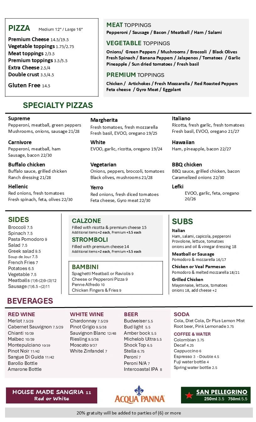 Pizza menu with specialties, sides, subs, and beverages.
