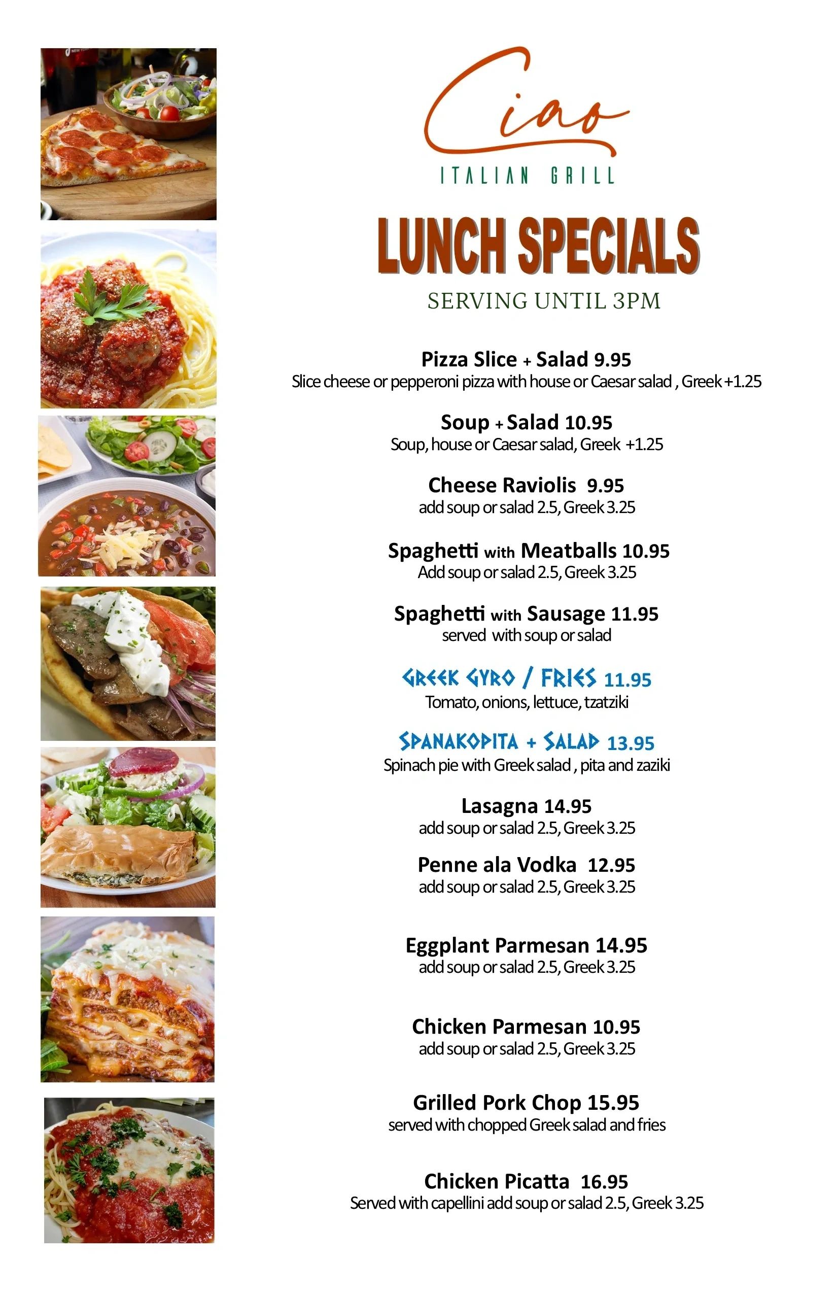 Italian grill lunch specials menu with various dishes and prices.