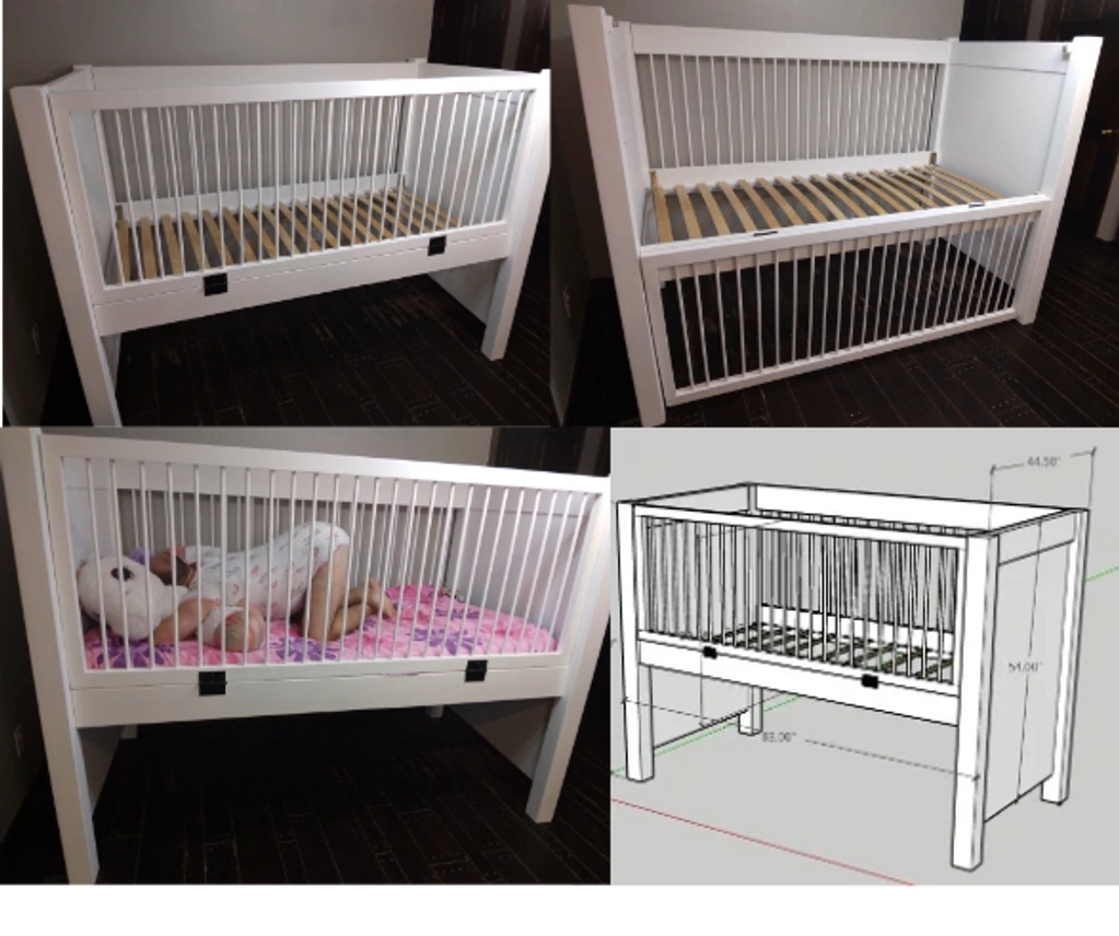 Basic crib with hinged side.  Also available with sliding drop rail. 