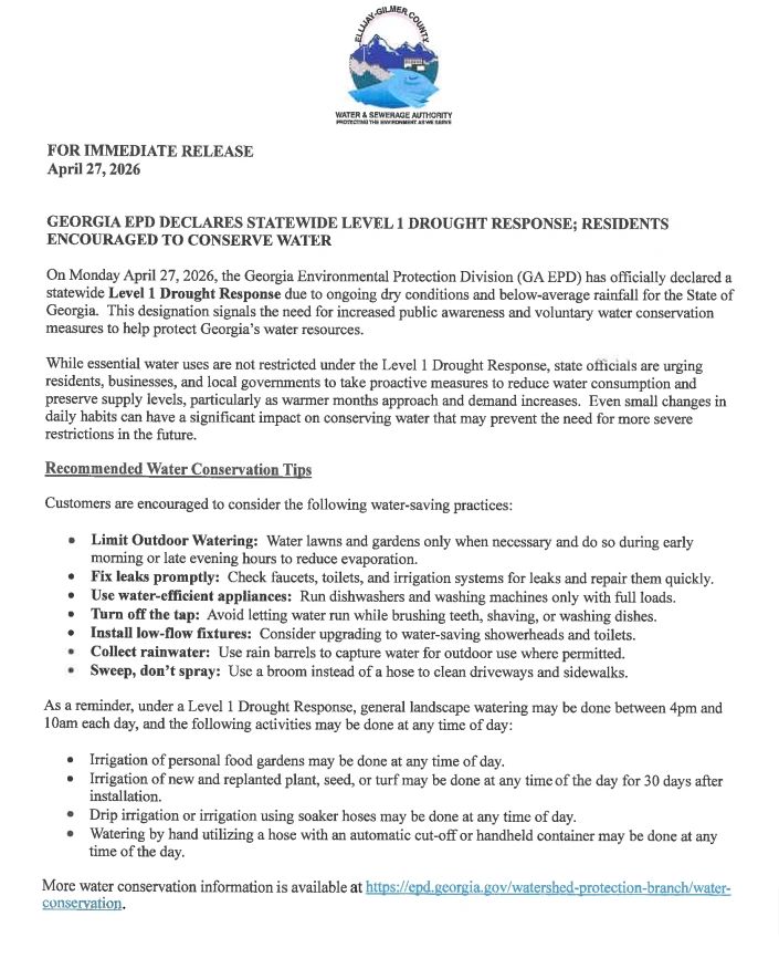 Georgia EPD announces statewide Level 1 drought response urging water conservation.