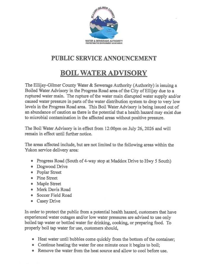 Boil Water Advisory issued for parts of Ellijay due to ruptured water main.