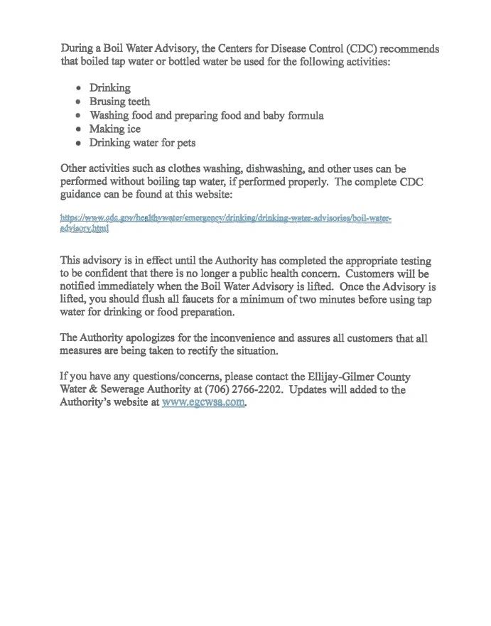 Boil Water Advisory instructions and contact info from Ellijay-Gilmer County Water Authority.
