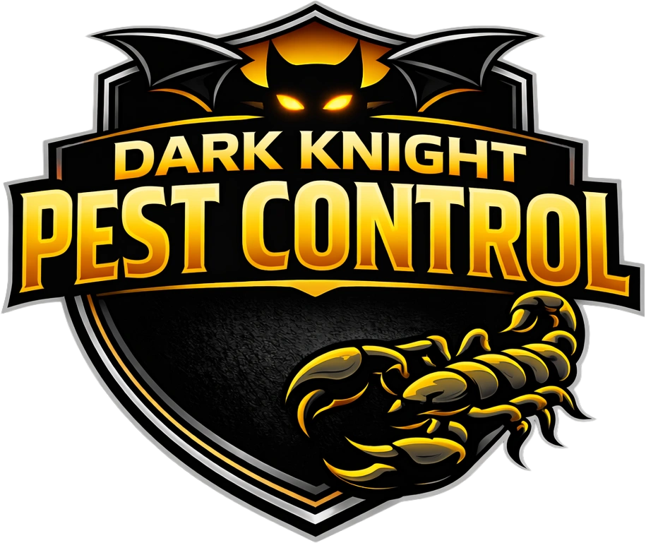 Dark Knight Pest Control logo with bat and scorpion imagery.