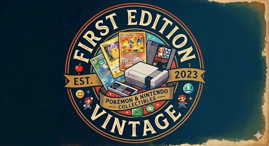 Retro Game Boy displaying a holo card, neon colors, pixel text "First Edition Vintage".