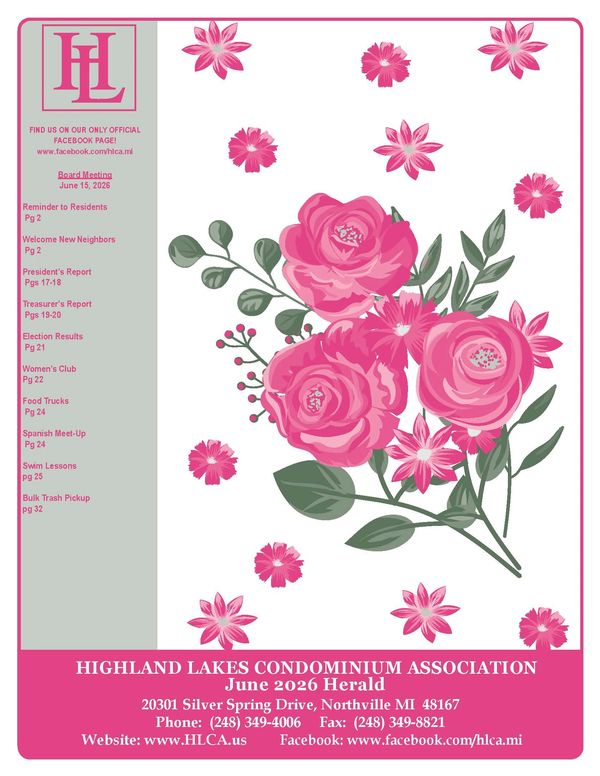 Cover of Highland Lakes Condominium Association June 2026 newsletter with pink roses.