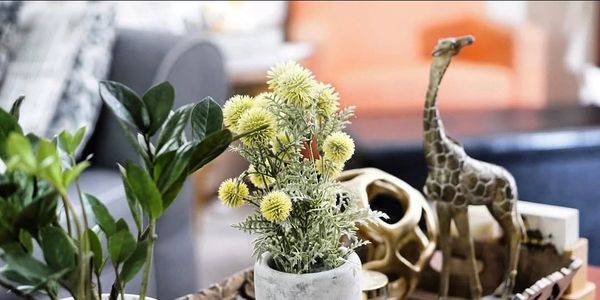 Decorative plants and a giraffe figurine on a coffee table in a cozy living room.