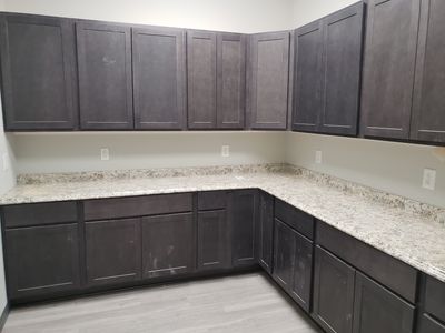 New cabinets, countertops, and vinyl plank flooring