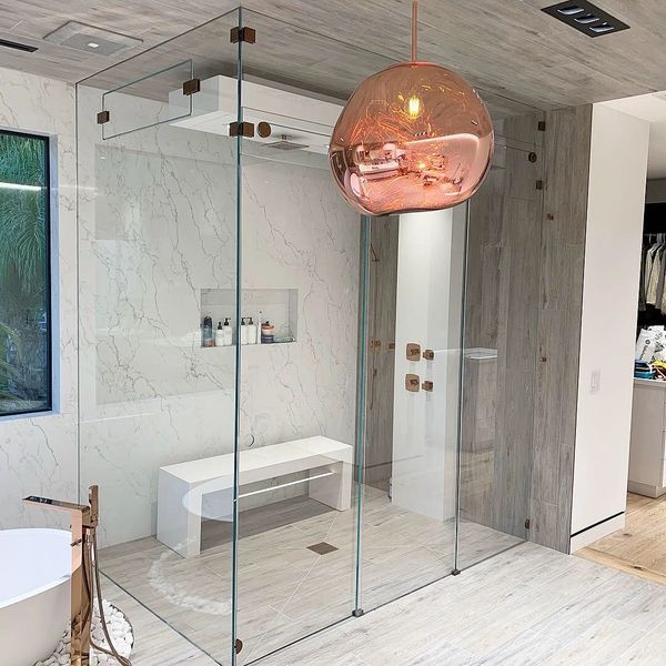 Ultra-Clear double sliding fully frameless steam shower enclosure, custom hardware by KL-Megla