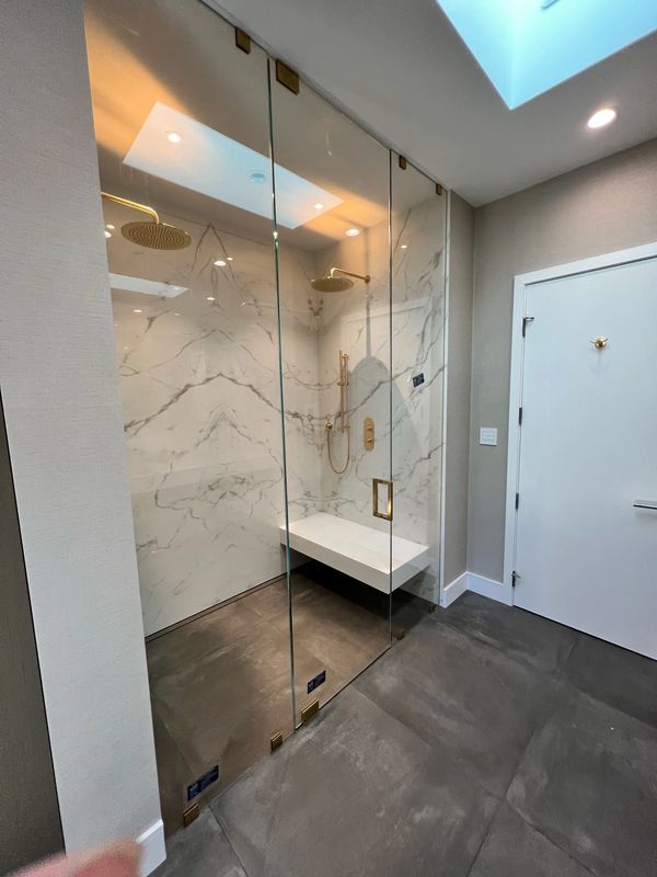 Ultra-Clear steam shower glass enclosure, with Brushed brass hardware