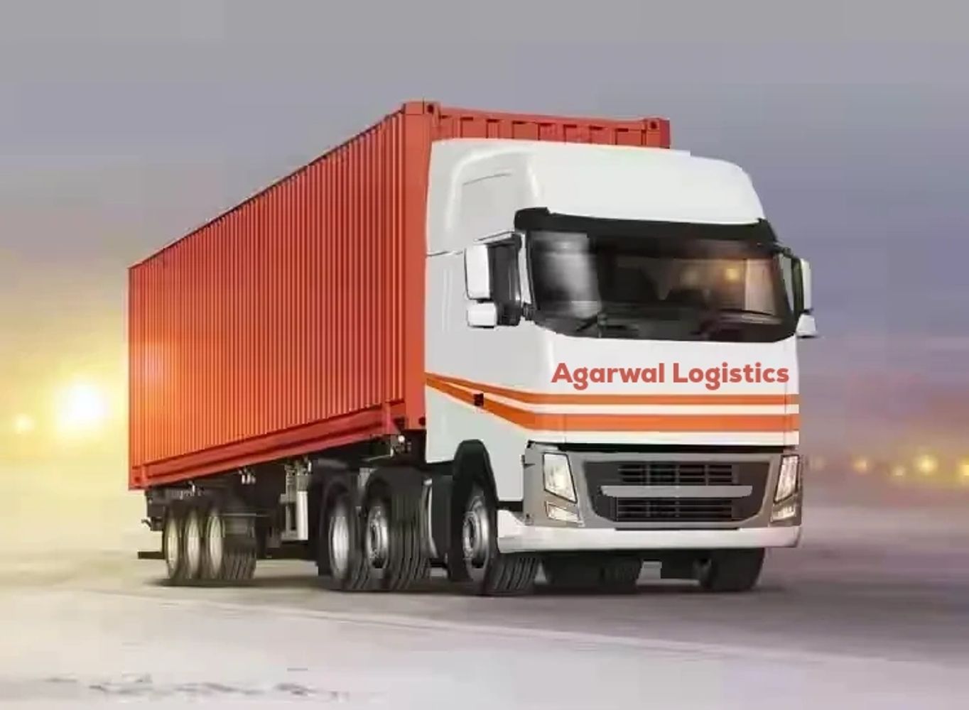 A white and orange logistics truck with a container at sunset.