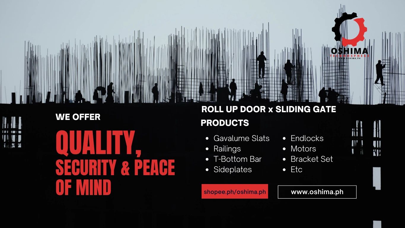 Construction site with workers and Oshima advertisement for roll-up door products.