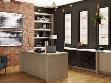 Custom Cabinetry. White Oak Cabinets with Gloss Black Modern Cabinets and Industrial Style Design 