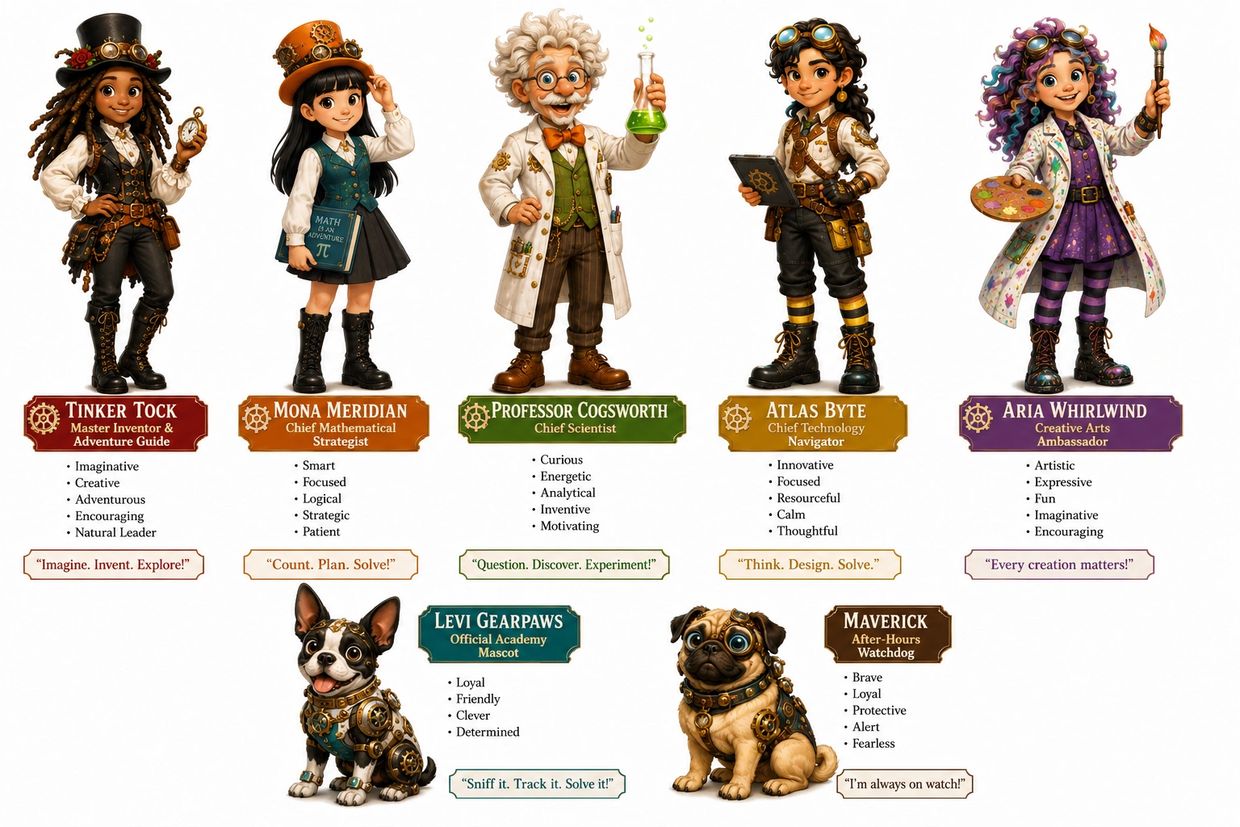 Illustrations of steampunk characters with names, roles, traits, and slogans.