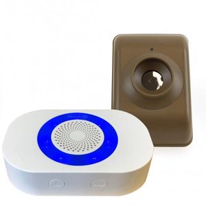 A white and blue electronic device with a brown mounting bracket.