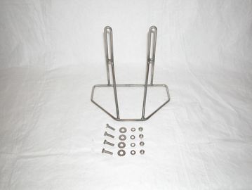 Metal bracket with screws, nuts, and washers on white background.