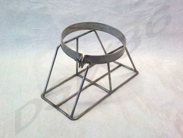 Metal frame stand with circular clamp, possibly for holding a container.