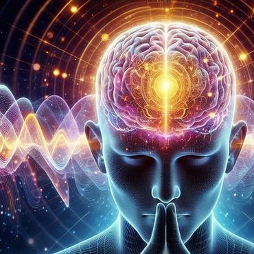 Digital illustration of a human brain glowing with energy and waves.
