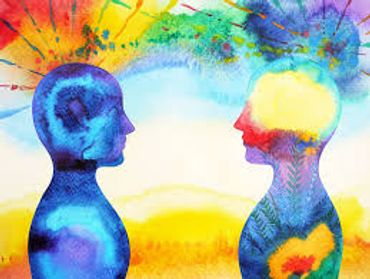 Two colorful, abstract human figures facing each other with vibrant brain areas.