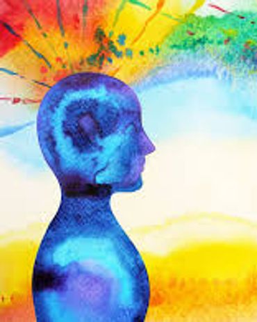 Two colorful, abstract human figures facing each other with vibrant brain areas.