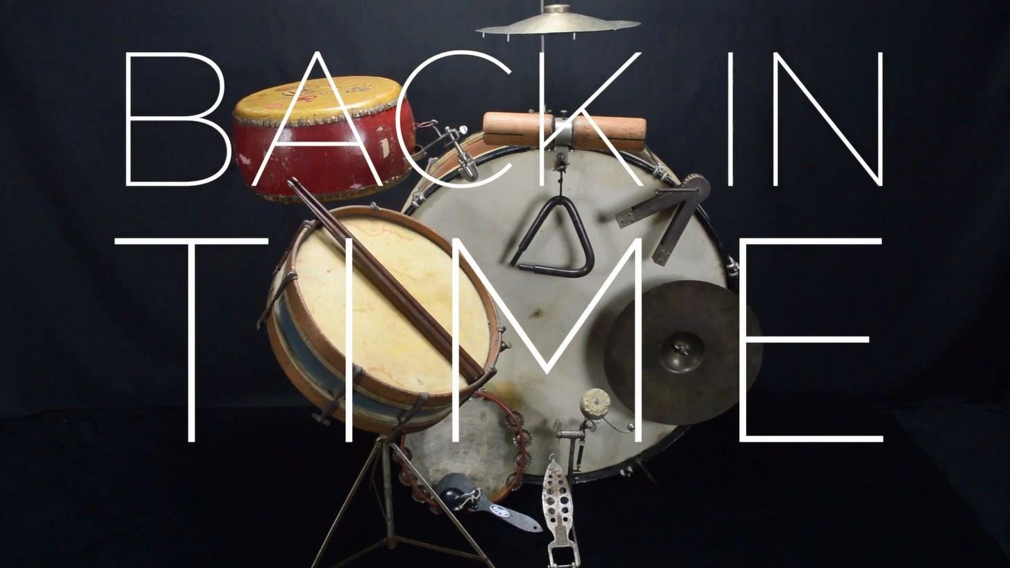 A typical 1920s drum set: bass and snare drums, Chinese tom, ratchet, woodblock, pedal cymbal & more