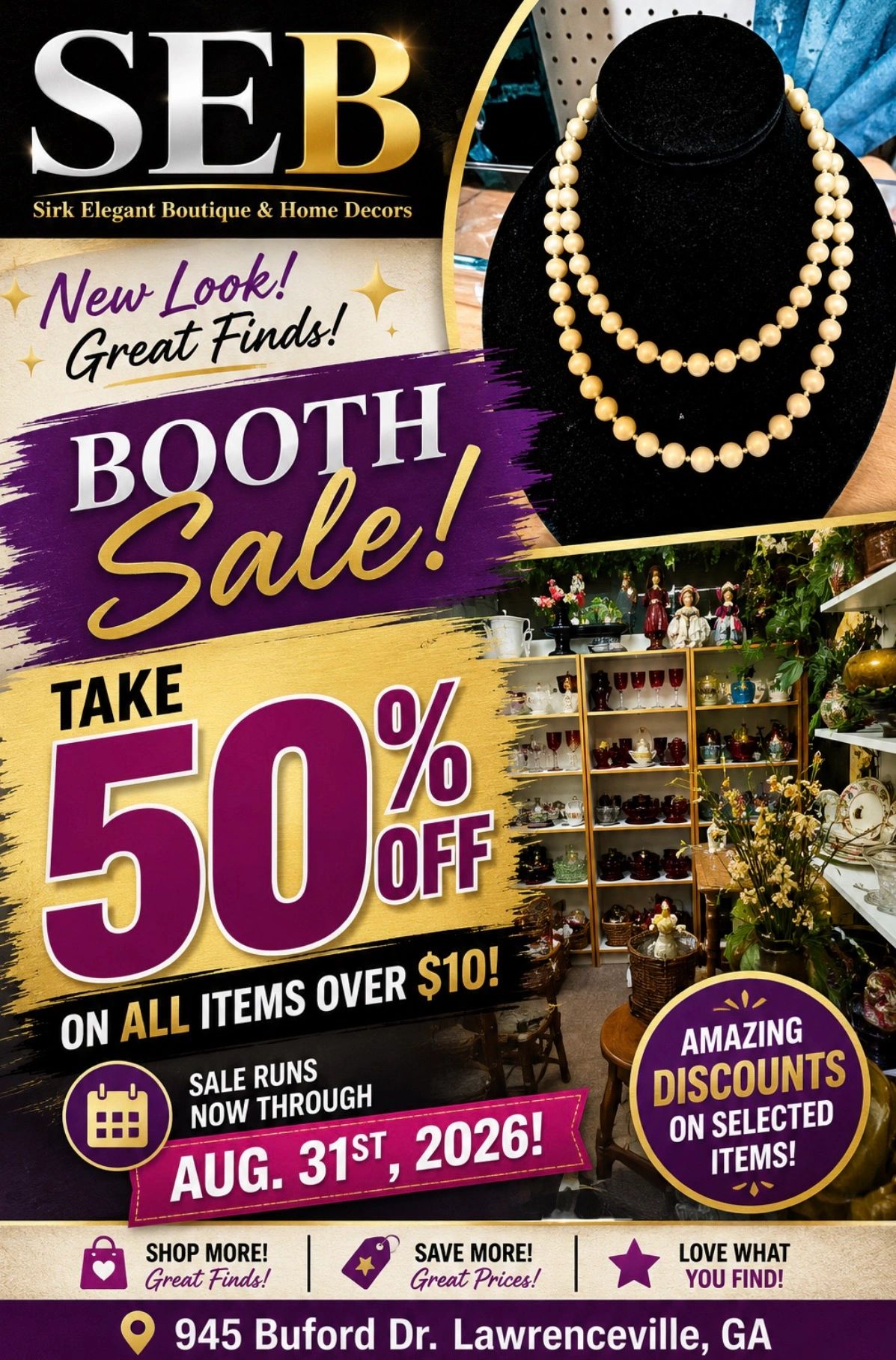SEB booth sale with 50% off on items over $10 until August 31, 2026.