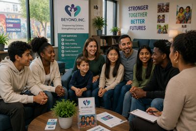 A diverse group in a community support meeting at Beyond, Inc.