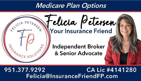 Business card for Felicia Petersen, Medicare insurance broker and advocate.