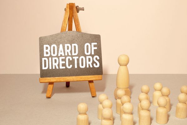 Rendering of wooden figures around a tripod holding a sign stating "Board of Directors"