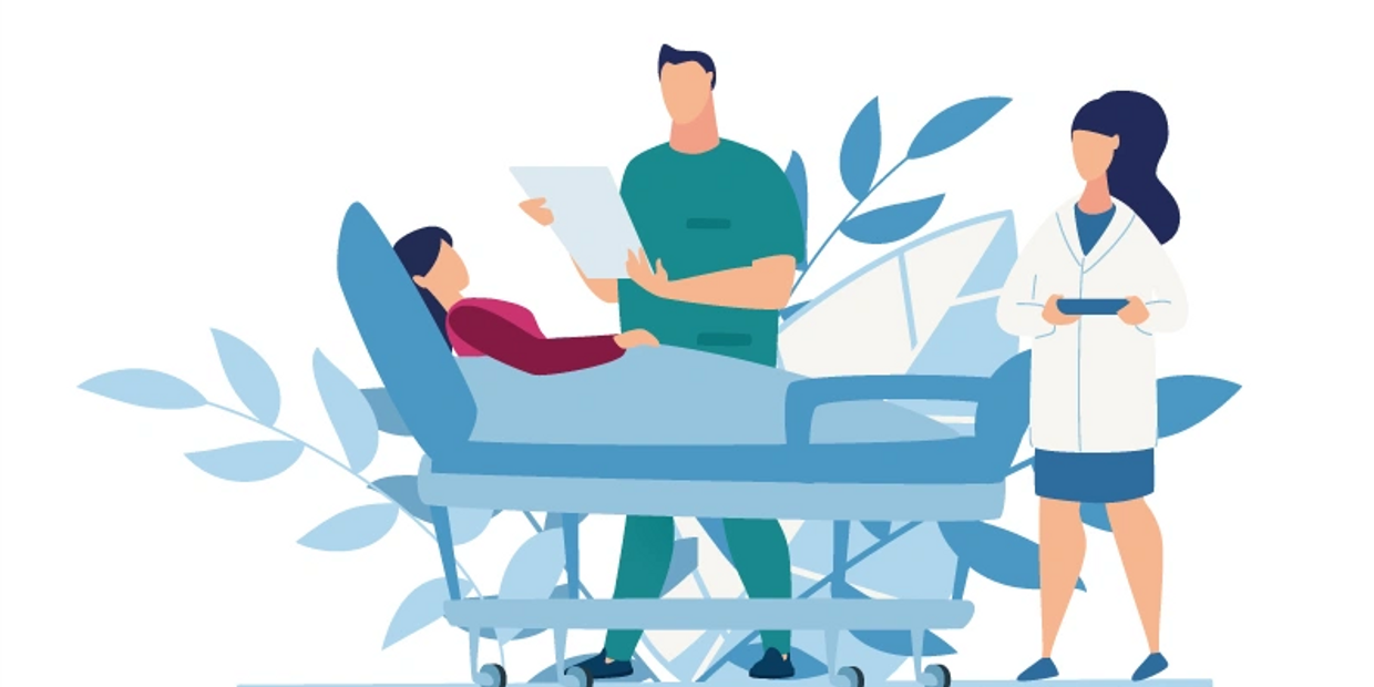 Rendering of a patient in a hospital bed with a doctor and nurse standing nearby