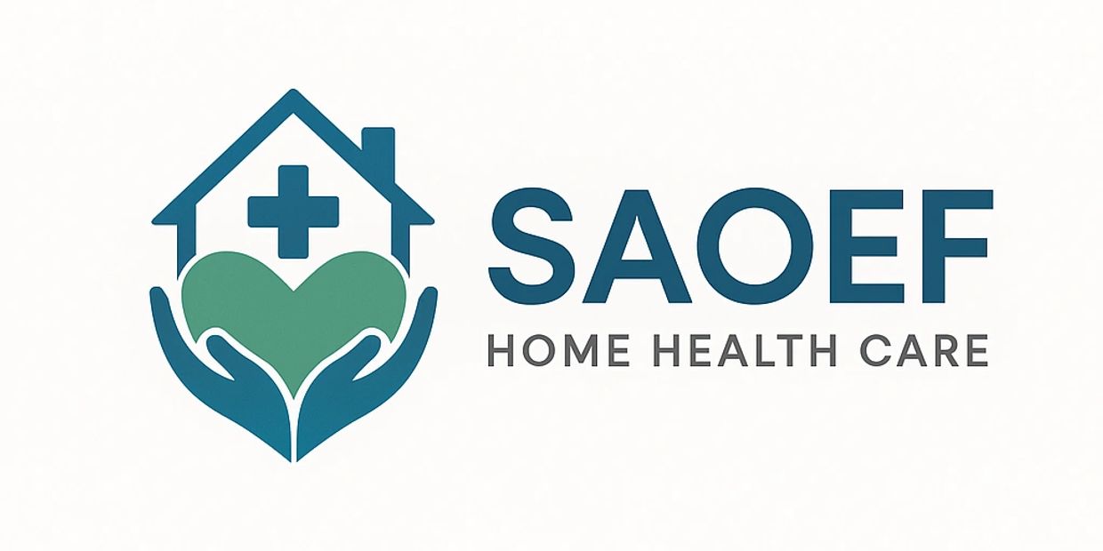 Logo of SAOEF Home Health Care with a house, heart, and cross symbol.