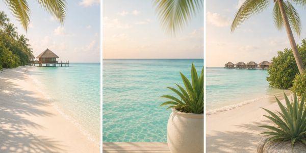 Three views of a tropical beach with clear water and palm trees.