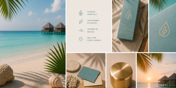 Beach-inspired sustainable packaging and serene coastal views.