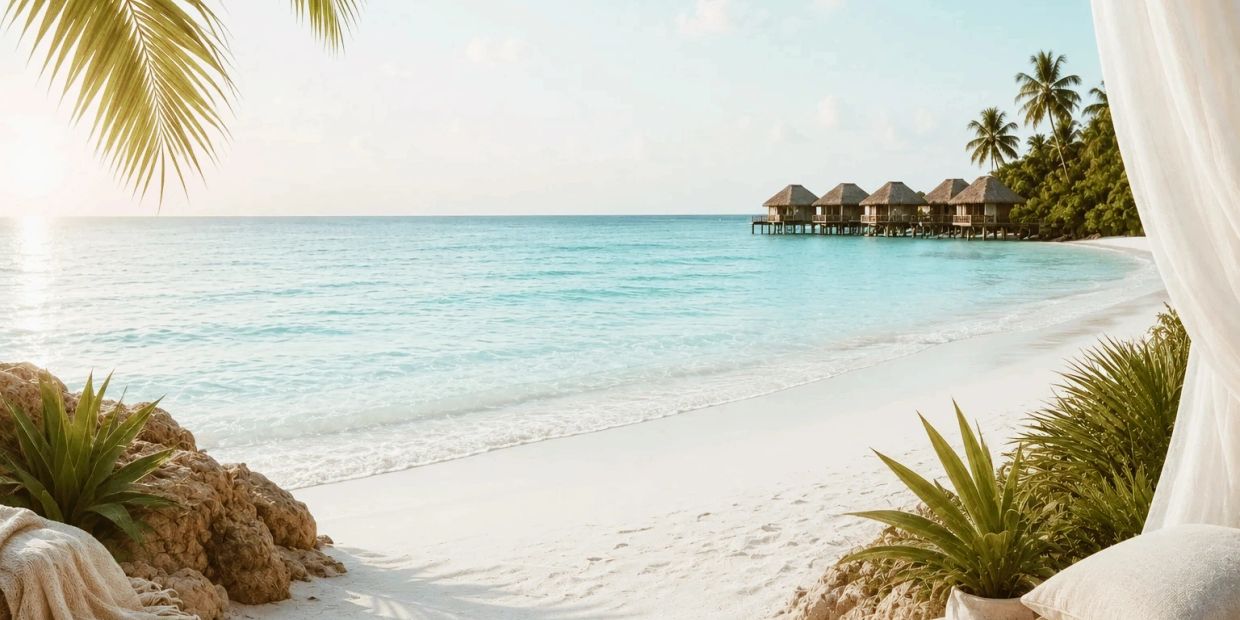 Calm beach with overwater bungalows and palm trees.