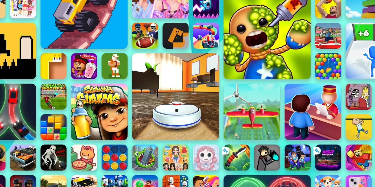 Grid of various colorful mobile game icons.