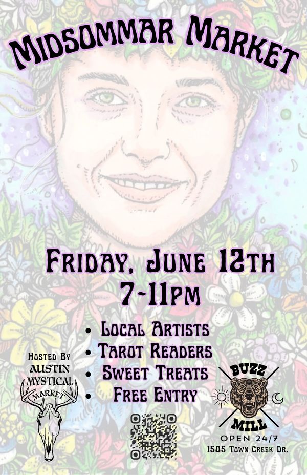 Midsommar Market event poster with details and colorful floral background.