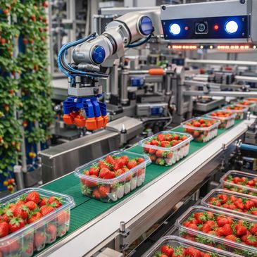 Robotic arm sorting strawberries into containers on an automated production line.