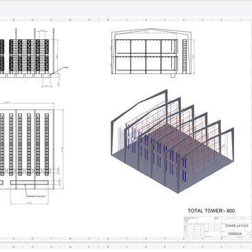 Architectural layout of a tower structure with detailed measurements and 3D visualization.