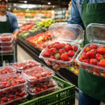 Grocery store worker holding fresh strawberries in plastic containers.