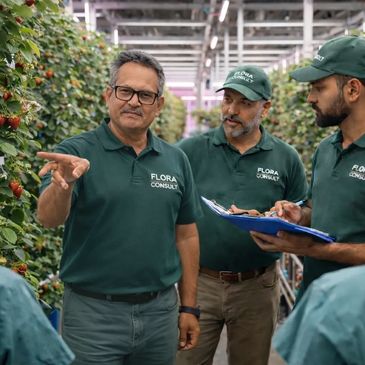 Agricultural experts discussing strawberry cultivation in a greenhouse.