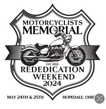 Logo for Motorcyclists Memorial Rededication Weekend 2024 with a motorcycle image.