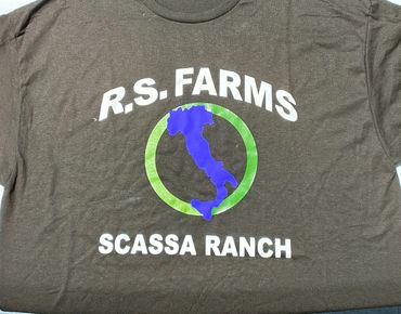 Brown t-shirt with R.S. Farms and Scassa Ranch print and Italy map logo.