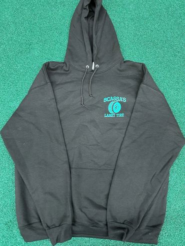 Black hoodie with "Scassa's Laney Tire" logo and tire graphic on chest.