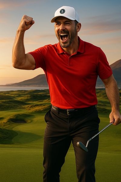 Golfer celebrating victory on a championship course at sunset